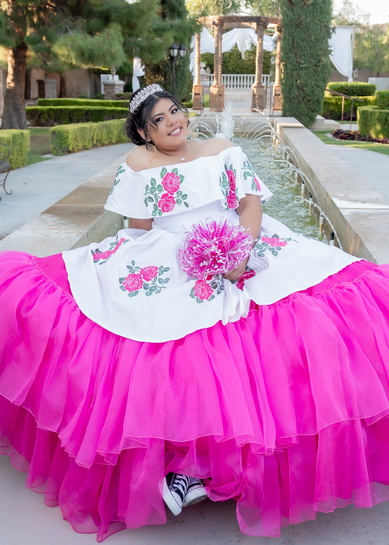 Ashley quinceañera portrait by Pak Studios in dress portrait session at Ashley’s Castle in Chandler, Arizona